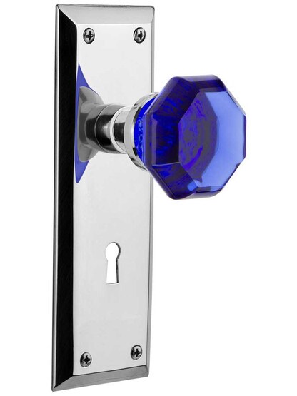 New York Mortise Lock Set with Colored Waldorf Crystal Glass Knobs Cobalt Blue in Polished Chrome.